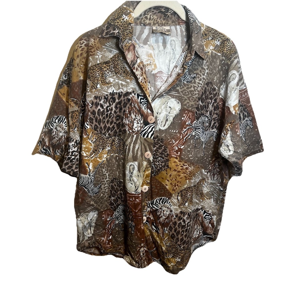 Vintage Denim Co Womens Safari Animal All Over Print Button Up Collared USA Made